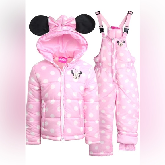 Girls Minnie Mouse Snowsuit 2 Piece Ski Jacket and Snow Bib Ski Pants Overalls - Picture 1 of 8